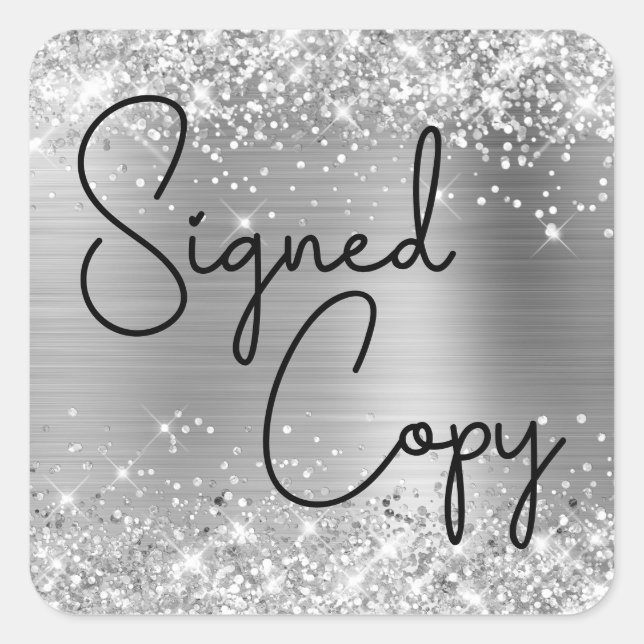 Glittery Silver Foil Cute Heart Signed Copy Square Sticker (Front)