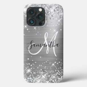 Glittery Silver Foil Elegant Monogram iPhone 13 Pro Case