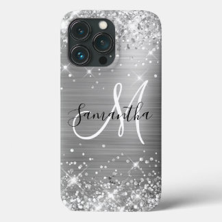 Glittery Silver Foil Elegant Monogram iPhone 13 Pro Case