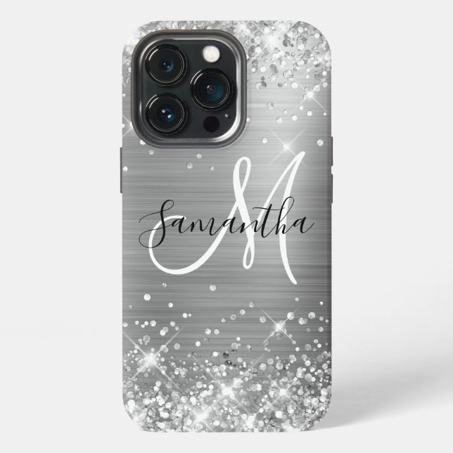 Glittery Silver Foil Elegant Monogram iPhone Case (Back)