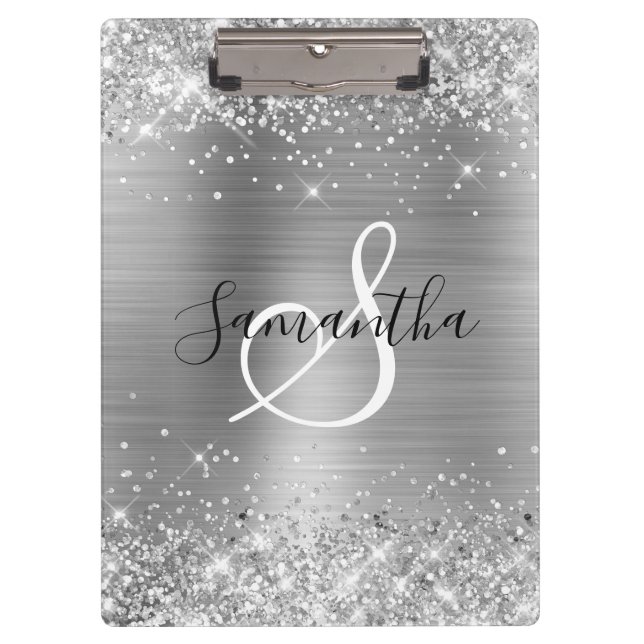 Glittery Silver Foil Elegant Monogrammed Clipboard (Front)
