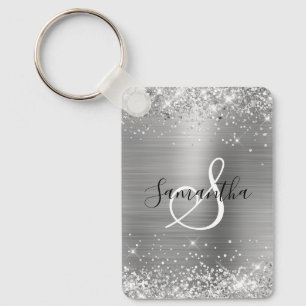 Glittery Silver Foil Elegant Monogrammed Key Ring