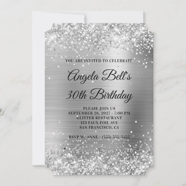Glittery Silver Foil Fancy Monogram 30th Birthday Invitation (Front)