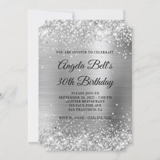 Glittery Silver Foil Fancy Monogram 30th Birthday Invitation