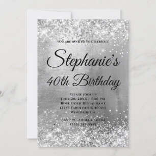 Glittery Silver Foil Fancy Monogram Birthday Invitation