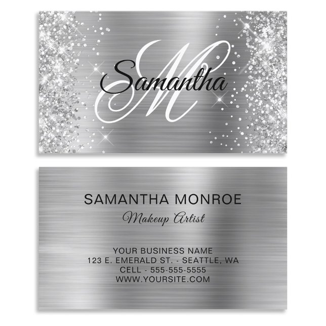 Glittery Silver Foil Fancy Monogram Business Card (Glittery Silver Foil Fancy Monogram Business Card)