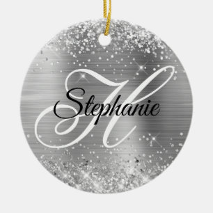Glittery Silver Foil Fancy Monogram Ceramic Tree Decoration