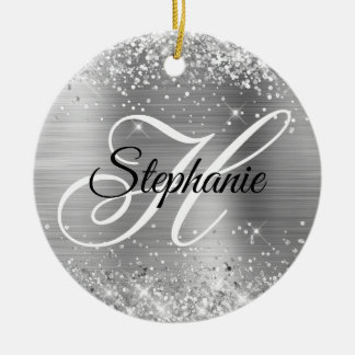 Glittery Silver Foil Fancy Monogram Ceramic Tree Decoration