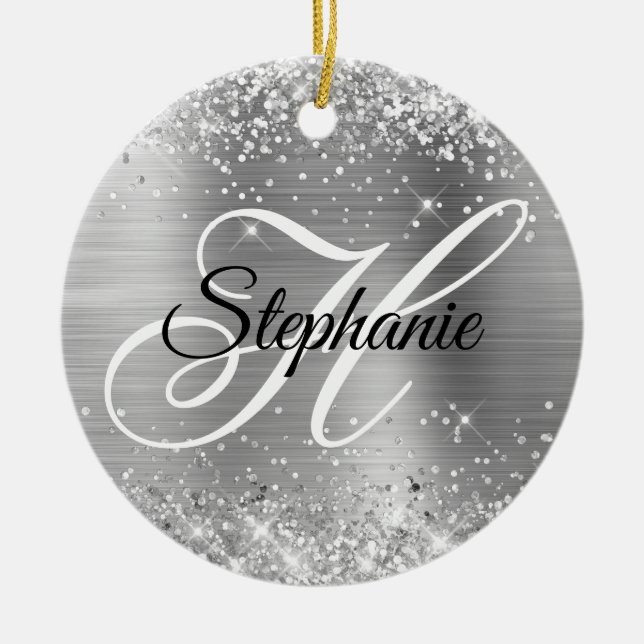 Glittery Silver Foil Fancy Monogram Ceramic Tree Decoration (Front)
