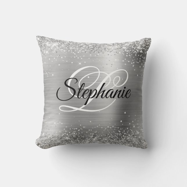 Glittery Silver Foil Fancy Monogram Cushion (Front)