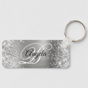 Glittery Silver Foil Fancy Monogram Key Ring