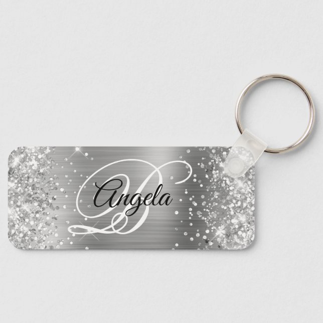 Glittery Silver Foil Fancy Monogram Key Ring (Front)