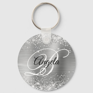 Glittery Silver Foil Fancy Monogram Key Ring