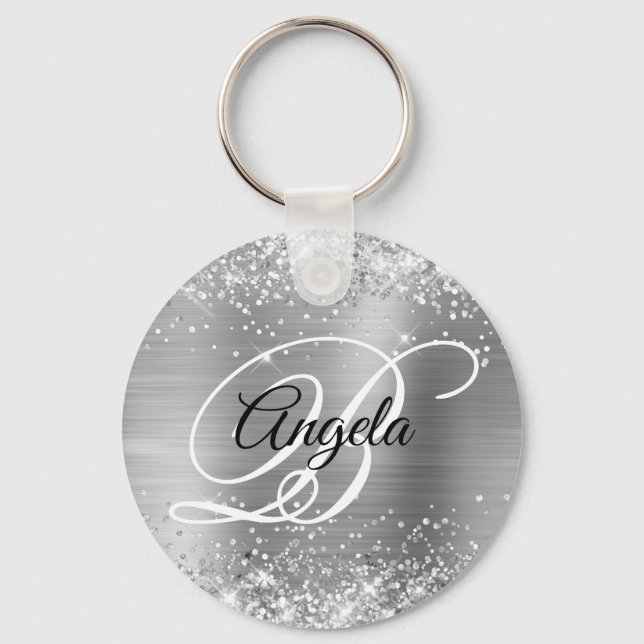 Glittery Silver Foil Fancy Monogram Key Ring (Front)