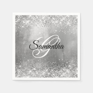 Glittery Silver Foil Fancy Monogram Napkin