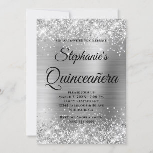 Glittery Silver Foil Fancy Monogram Quinceañera Invitation