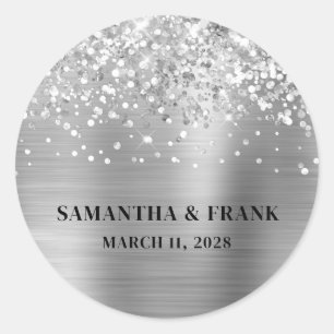 Glittery Silver Foil Glam Wedding Classic Round Sticker