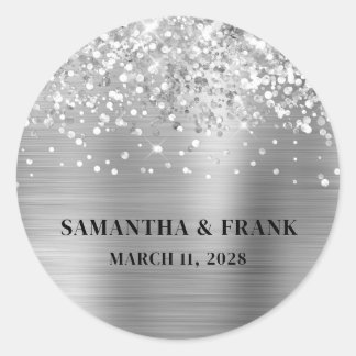 Glittery Silver Foil Glam Wedding Classic Round Sticker
