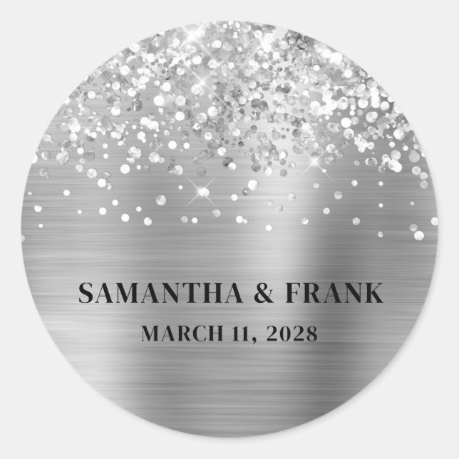 Glittery Silver Foil Glam Wedding Classic Round Sticker (Front)