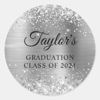 Glittery Silver Foil Graduation Classic Round Sticker