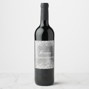 Glittery Silver Foil Happy Anniversary Wine Label