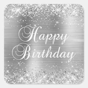 Glittery Silver Foil Happy Birthday Square Sticker