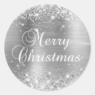 Glittery Silver Foil Merry Christmas Classic Round Sticker