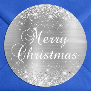 Glittery Silver Foil Merry Christmas Classic Round Sticker