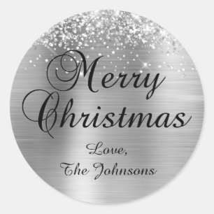 Glittery Silver Foil Merry Christmas Family Classic Round Sticker