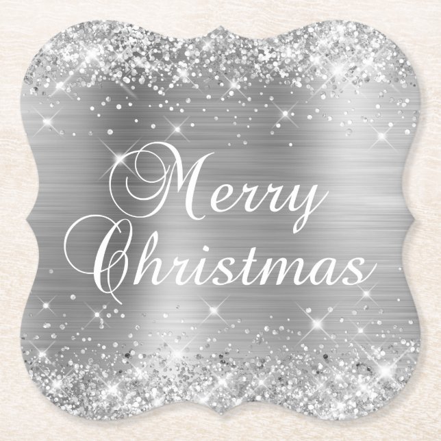 Glittery Silver Foil Merry Christmas Paper Coaster (Front)