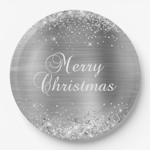 Glittery Silver Foil Merry Christmas Paper Plate