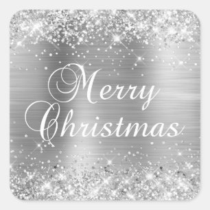 Glittery Silver Foil Merry Christmas Square Sticker