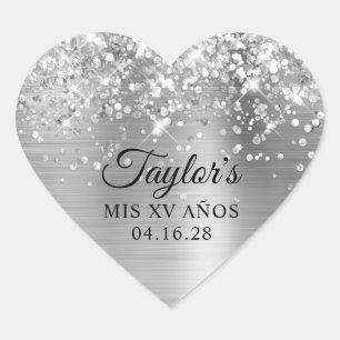 Glittery Silver Foil Mis XV Años Heart Sticker
