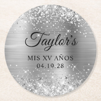 Glittery Silver Foil Mis XV Anos Round Paper Coaster