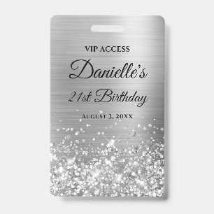Glittery Silver Foil Modern 21st Birthday ID Badge
