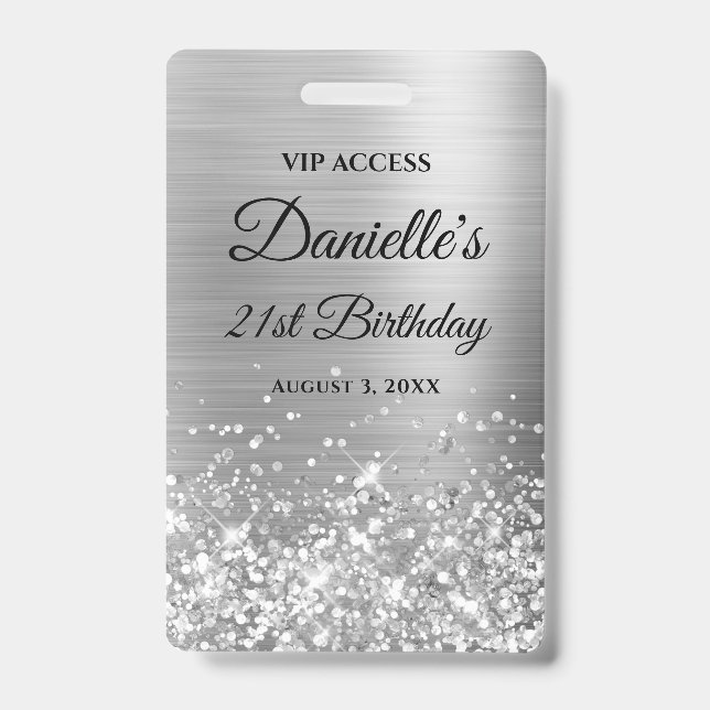 Glittery Silver Foil Modern 21st Birthday ID Badge (Front)