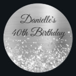 Glittery Silver Foil Modern 40th Birthday Classic Round Sticker<br><div class="desc">Create your own fancy monogram stylish milestone birthday celebration envelope seals for her. The background features a silver ombre brushed metal style foil digital art graphic. Along the bottom is a band of silvery grey faux glitter girly glam. Customise the font colour, size or style. The luxury sparkles, glitter and...</div>