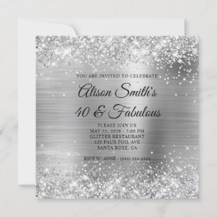 Glittery Silver Foil Monogram 40 & Fabulous Invitation