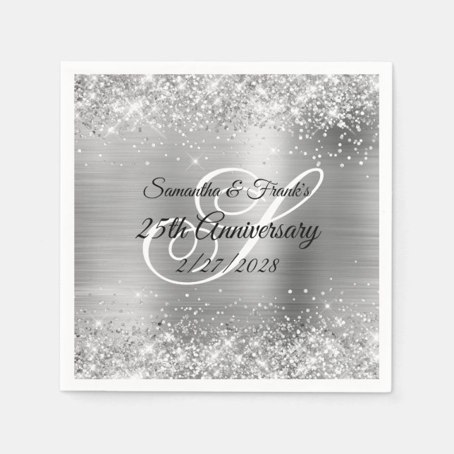Glittery Silver Foil Monogrammed 25th Anniversary Napkin (Front)