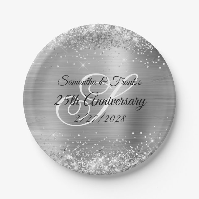 Glittery Silver Foil Monogrammed 25th Anniversary Paper Plate (Front)