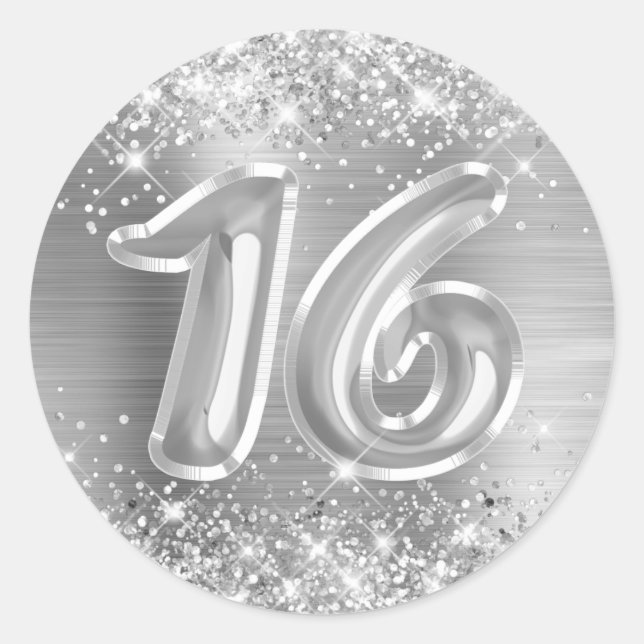 Glittery Silver Foil Number 16 Birthday Classic Round Sticker (Front)