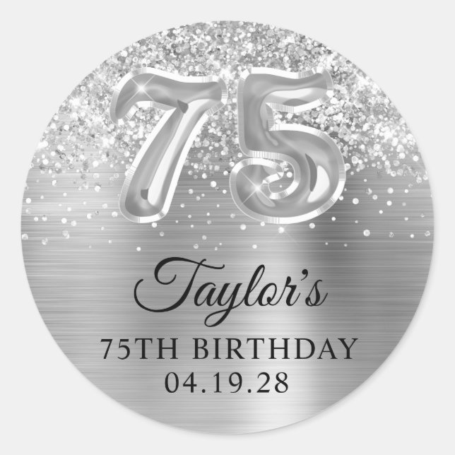 Glittery Silver Foil Number 75 Birthday Classic Round Sticker (Front)