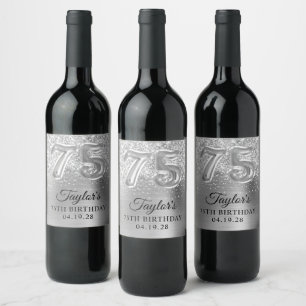 Glittery Silver Foil Number 75 Birthday Wine Label