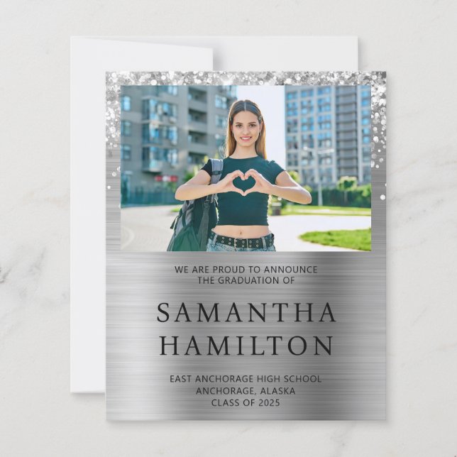 Glittery Silver Foil Photo Graduation Invite (Front)