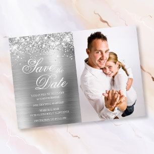 Glittery Silver Foil Photo Save The Date
