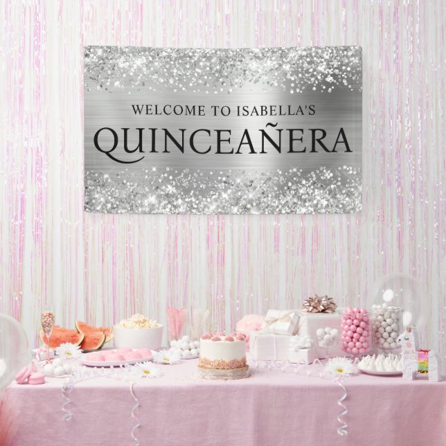 Glittery Silver Foil Quinceanera All Caps Welcome Banner (Party)
