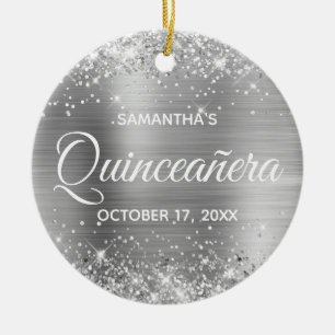 Glittery Silver Foil Quinceañera Ceramic Tree Decoration