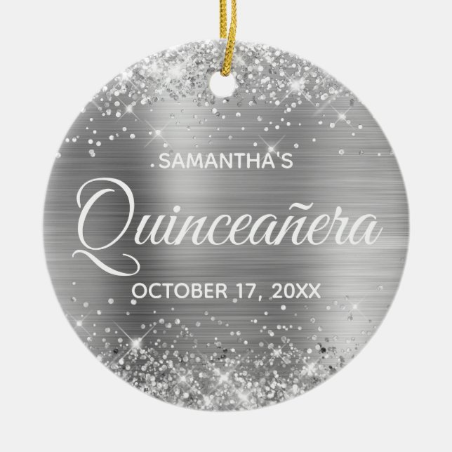 Glittery Silver Foil Quinceañera Ceramic Tree Decoration (Front)