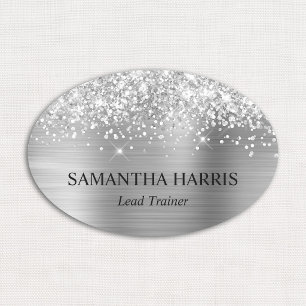 Glittery Silver Foil Rectangle Logo Name Tag