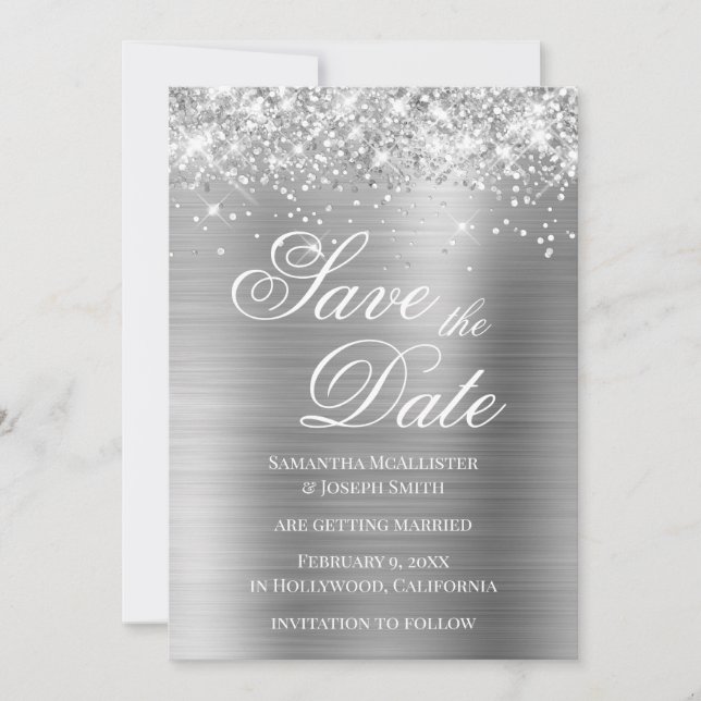 Glittery Silver Foil Save the Date Invitation (Front)